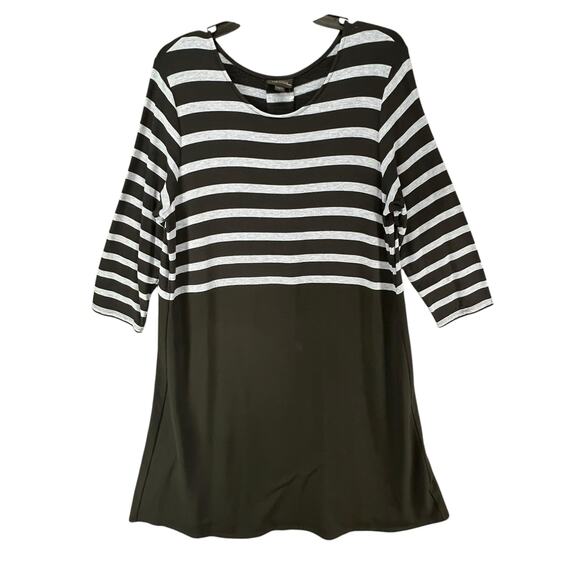 J Jill Wearever Dress Womens L Black Blue Stripe Jersey Knit Travel Casual Chic - Picture 1 of 14